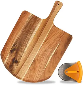 Descascador de madeira acácia pizza com cortador, placa de queijo para cozinha, blocos de cortar, bambu eco-amigável utensílios de cozinha