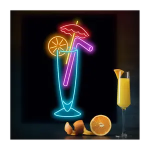 사용자 정의 밀짚 및 유리 네온 사인 레스토랑 칵테일 가게 플렉스 실리콘 유리 우산 모자 LED 네온 사인 빛 벽 홈 장식