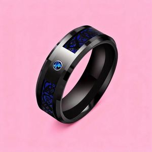 Bague en acier inoxydable avec incrustation de fibre de carbone bleue, vente chaude, bagues de dragon celtique noires, bague en zircon bleu de 8 mm - Product Image 3