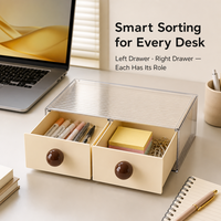 Organisateur de bureau à 2 tiroirs en PET HIPS transparent, boîte de rangement empilable à double section, dessus côtelé, poignée boule crème, boîte OEM