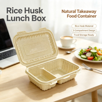 Boîte à lunch bento jetable à 2 compartiments en fibre de coque de riz biodégradable sans BPA, compatible micro-ondes, avec couvercle à clapet pour repas à emporter