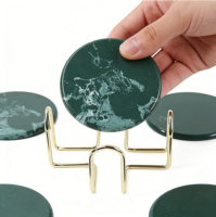 Lot de 4 sous-verres de luxe en marbre vert, résistants à la chaleur, durables, réutilisables, avec support de rangement, tapis de protection de table personnalisés