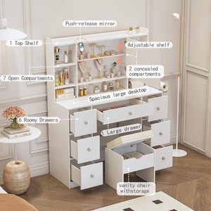 OEM/ODM Wenfeng Modern White Bathroom Hospital <strong>Dressing</strong> Room Vanity Desk <strong>LED</strong> Dimmable Lighted <strong>Mirror</strong> 7 Drawers Storage Wood - Product Image 3