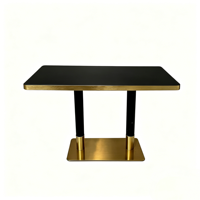Table à manger rectangulaire avec finition or rose, base à double piétement, table de luxe pour restaurant commercial, hôtel, mobilier de salle à manger, vente en gros