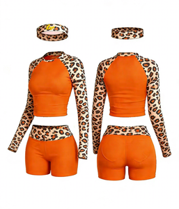 Completi Sportivi da <span class=keywords><strong>Donna</strong></span> 2026 con Logo Personalizzato, Maniche Raglan, Stampa Leopardata, Top Corto e <span class=keywords><strong>Pantaloncini</strong></span>, Set <span class=keywords><strong>Tuta</strong></span> 3 Pezzi per <span class=keywords><strong>Donna</strong></span> - Product Image 2