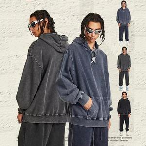 Conjunto de dos piezas para hombre marca Tide, otoño 2026, de tela pesada de 420G, 100% algodón, con pantalones de pierna ancha lavados y conjunto con capucha, color liso. - Product Image 1