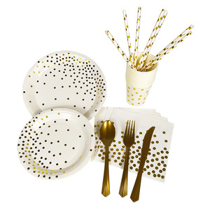Juego <span class=keywords><strong>de</strong></span> Vajilla Desechable con Diseño <span class=keywords><strong>de</strong></span> Puntos Dorados para Decoración <span class=keywords><strong>de</strong></span> Fiestas <span class=keywords><strong>de</strong></span> Cumpleaños, Platos, Servilletas y Vasos <span class=keywords><strong>de</strong></span> Papel con Puntos, Cubiertos Dorados, 200 Piezas/Paquete - Product Image 5