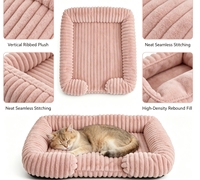 Coussin pour animaux de compagnie en peluche rayé rose poudré, avec trois côtés rembourrés, nid douillet en velours côtelé pour chats et chiens d'intérieur, vente en gros