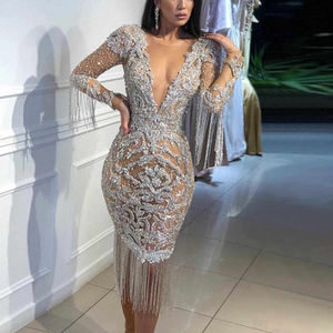 ชุดราตรีประดับคริสตัลคุณภาพสูงแบบใหม่ แขนยาว สีเงิน วิบวับ - Product Image 3