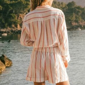 Manufacturer Beach Shirt High Quality Button Long Sleeve Shirt Customized Women's Striped <b>Linen</b> Shirt - Product Image 5