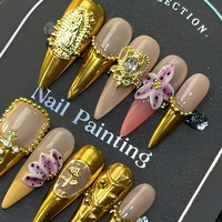 Faux ongles à presser faits main B191, motifs fleur en strass et alliage, couleur or nude, forme stiletto, pour usage professionnel en salon