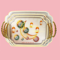 Ensemble de 3 plateaux dorés de luxe pour le Ramadan, 36/39/44 cm, en plastique, pour les fêtes du Ramadan, plateau à boissons de luxe pour la maison, plateau à fruits
