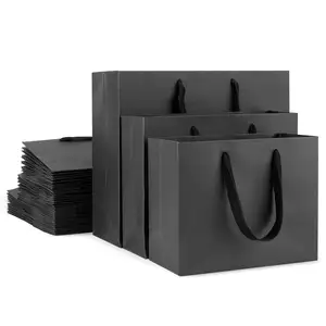 Custom Luxury Thick Kraft Paper Gift Craft Packaging Bag Black Kraft Shopping Paper Bag With Black Ribbon Handle
