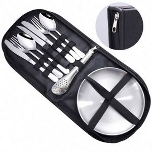 Ensemble de couverts de voyage portables pour pique-nique et camping en plein air, ustensiles en acier inoxydable, assiette, couteau à steak, pince, ensemble de couverts - Product Image 1