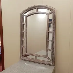定制大型仿古拱形墙镜现代豪华木框窗格客厅挂墙浴室装饰镜