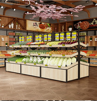 Dubbelzijdige, extra sterke, commerciële supermarkt schappen, 3-laags, staal en hout, vrijstaand, voor fruit, groenten en producten.