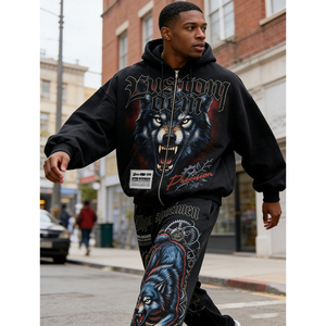 Acid Washed OEM Custom Print 400 GSM Heavyweight Boxy Cut Digital Printing Worn Out Oversized Men's Hoodie Two-piece Set - Product Image 3