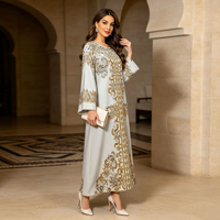 Robe Abaya élégante imprimée, ornée de perles et de sequins, anti-plis, respirante et légère, à col et manches longues, style Kaftan modeste pour l'Aïd