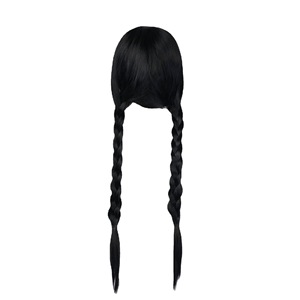 <span class=keywords><strong>Peluca</strong></span> de cosplay de miércoles de fibra sintética de alta temperatura, <span class=keywords><strong>peluca</strong></span> de cabeza completa Negra Premium, doble trenza, flequillo completo, gorra pequeña transparente - Product Image 5