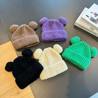 Bonito gorro de punto para niños con pompón, gorro cálido de lana de doble bola para bebés y niñas