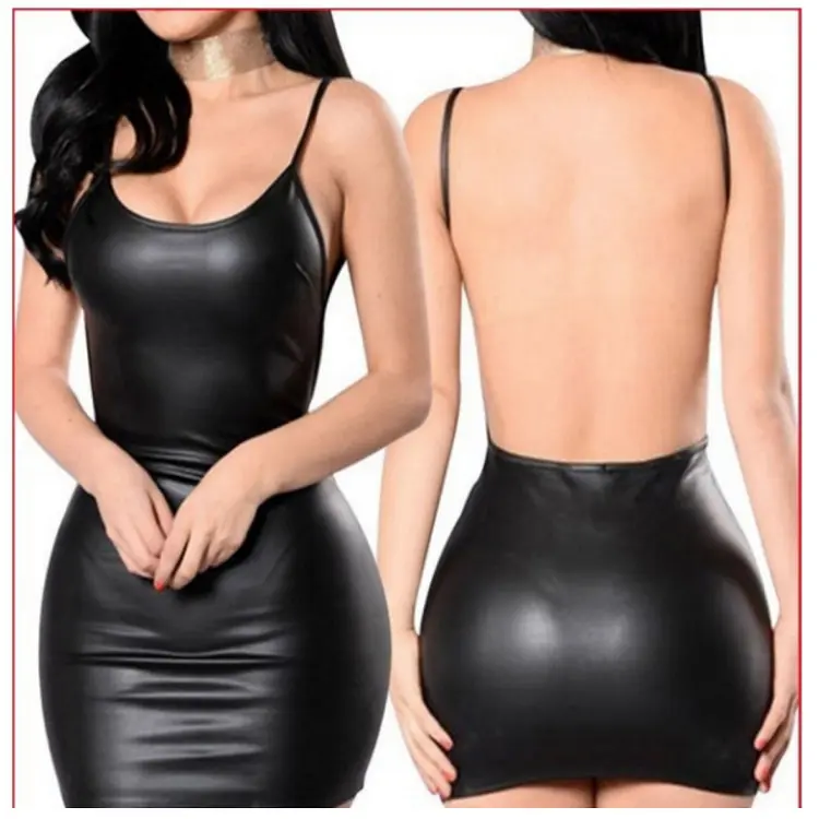 Sexy Faux Leather Dress Backless Câu Lạc Bộ Đảng Ngắn Ăn Mặc Rắn Đen Wet Look Latex Bodycon Push Up Bra Mini Micro Dress