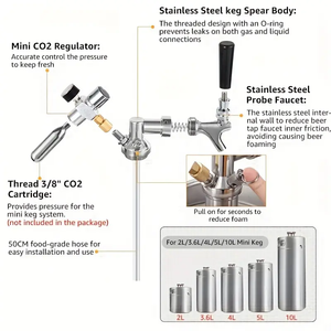 Mini Dispensador de Barril de Cerveza de Acero Inoxidable con Grifo y Regulador de CO2, Lanza para Barril de 2L/3.6L/4L/5L/10L, Growler Portátil - Product Image 2