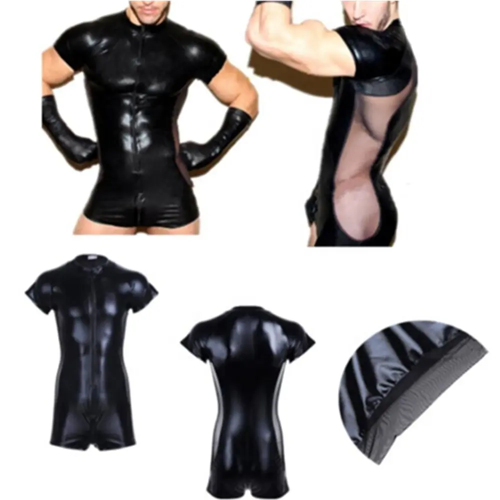 Wetlook lateks Catsuit deri erkek tulumlar siyah streç PVC örgü Bodysuits seksi Clubwear erkekler açık kasık vinil giyisi