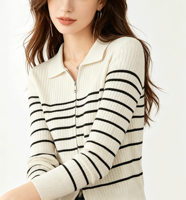Cardigan en tricot rayé pour femmes en tissu doux, col polo côtelé, manches longues, coupe slim