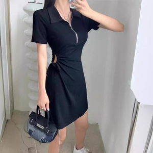 Polo Collar Dress Women Summer 2024 Pink Solid Color Drawstring Waist Cinching Casual Daily Wear Short Skirt - Product Image 2