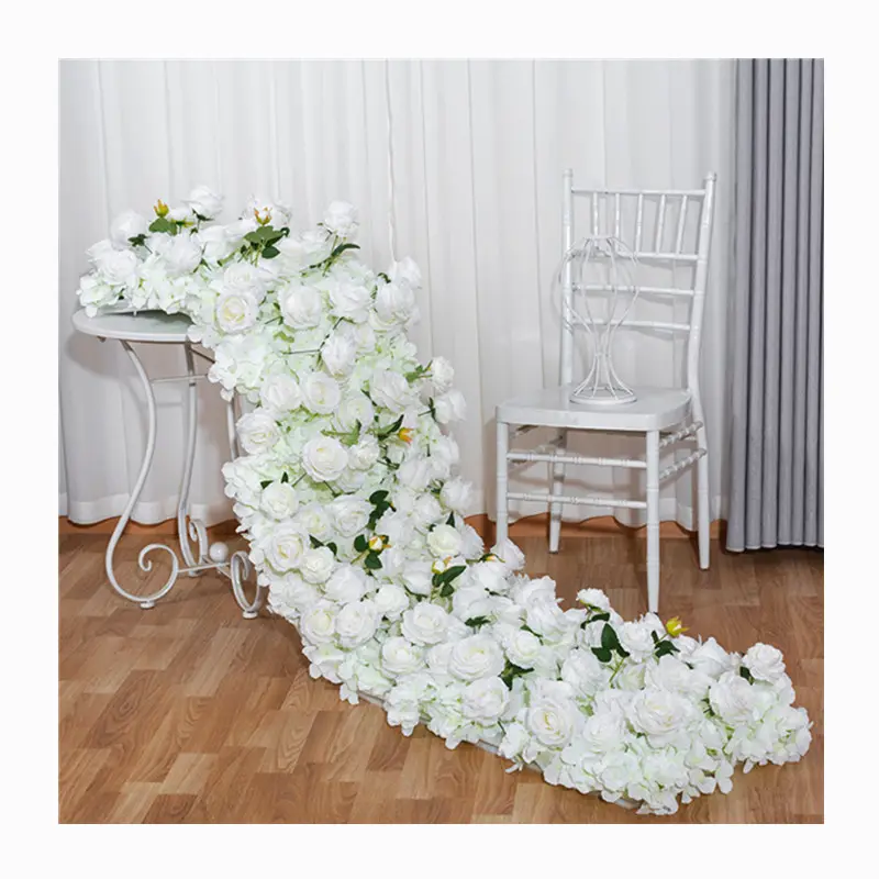 L13 Hochzeit Hintergrund Dekor Lila Bogen Stand Blumen streifen Rosa Weiß Künstliche Seide Rose Blume Reihe Tisch Girlande Blumen läufer