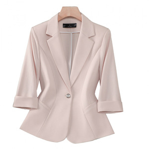 Women's Blazer Pink Slim Fit Three Quarter Sleeve Work Commuting Suit Jacket Worsted Fabric Elegant Office Wear - Product Image 5