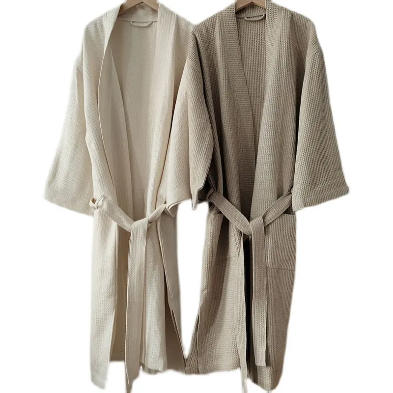 SP003 Chất Lượng Cao Waffle Linen Stonewashed 100% Tinh Khiết Linen Pajama Robe Với Pockets Đơn Giản Giản Dị Phong Cách Tắm Robe