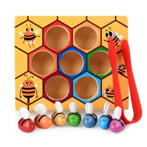 Wood educational toy beehive box wooden clamp bee to hive matching game colour sorting games toy for kids