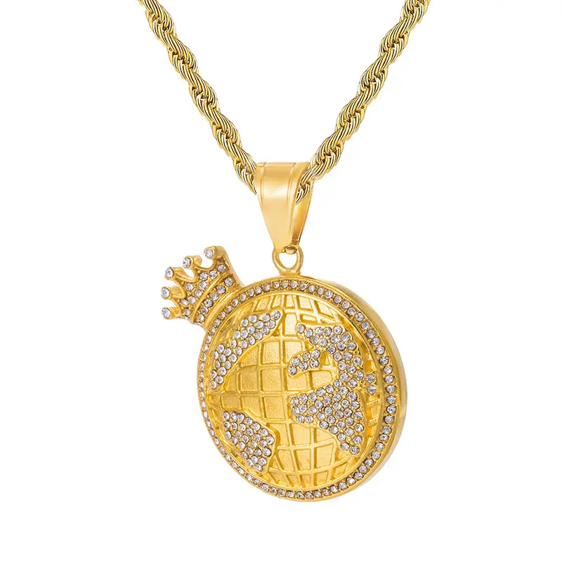 Bikinwu — collier en acier inoxydable plaqué or, avec diamants, carte du monde