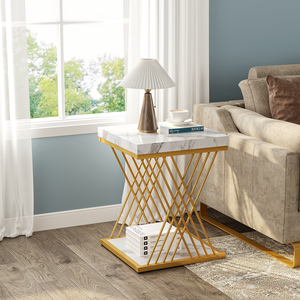 Contemporary Modern Accent Living Room Faux Marble White Small Coffee Square Sofa <strong>Side</strong> <strong>Table</strong> Set 2 Shelves <strong>Storage</strong> - Product Image 3