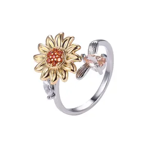 थोक मूल्य हाजिर नई फैशन प्रवृत्ति बोहेमिया समायोज्य हीरा सेट सूरज फूल घूर्णन तांबे की अंगूठी