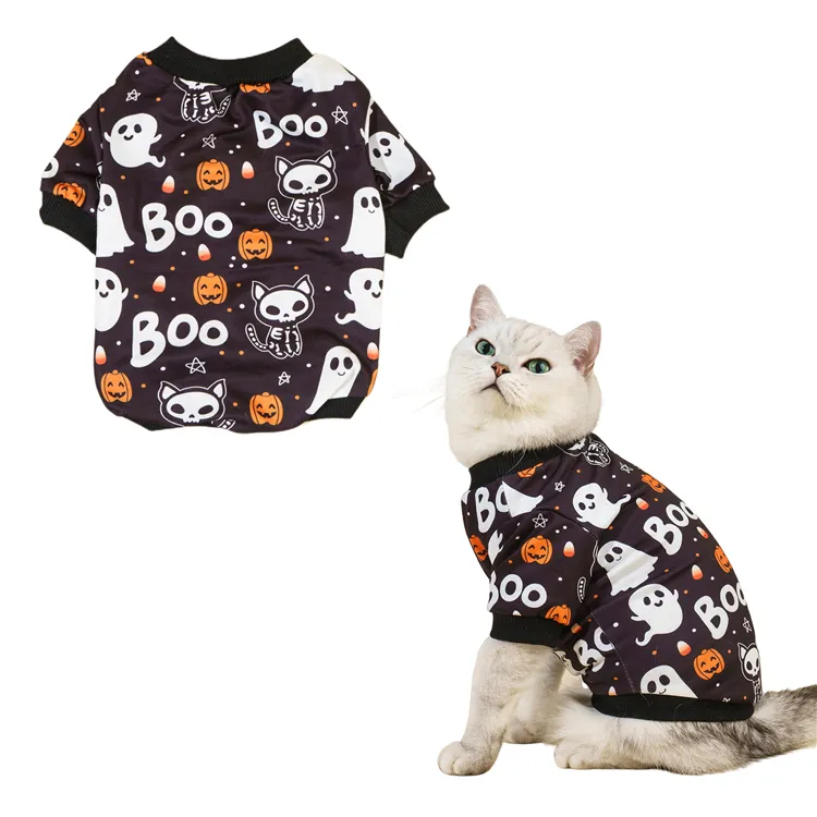 Personalizable gato y perro Halloween dibujos animados extraños cuello redondo Camiseta ropa para mascotas y accesorios para mascotas