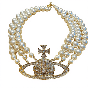 Collar de Perlas de Tres Capas con Diseño de Saturno, Ónix Negro y Diamantes, Gargantilla de Planeta, Estilo Empress Dowager Punk, Joyería para Banquete - Product Image 1