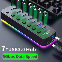 Mindpure - Hub USB 3.0 de 7 Puertos con Control de Luz RGB, Interruptores Individuales de Encendido/Apagado, Adaptador Divisor de Datos con Alimentación de 5V 2A