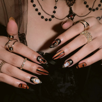 Ongles à presser vintage orange et noir pour Halloween, peints à la main, motif chat noir, fantôme, toile d'araignée, chauve-souris, en acrylique, forme amande, personnalisés pour SPA des ongles