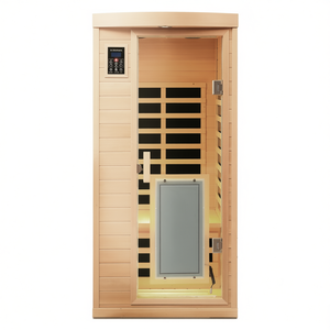 Salle de sauna infrarouge lointain en hemlock pour une personne avec porte avant à faible EMF et panneau de commande informatique - Product Image 1