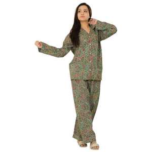 Women Floral Pattern Pajama Set 100% Cotton Long Sleeve Button Shirt and <b>Pants</b> Soft Lightweight Breathable Summer Sleepwear Set - Product Image 2