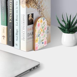 Cute Watercolor Leaves Floral Wood Bookends 1 Pair <b>Decorative</b> <b>Book</b> Stoppers <b>for</b> <b>Shelves</b> Room Home Office 5x3.1 Inches <b>for</b> - Product Image 2