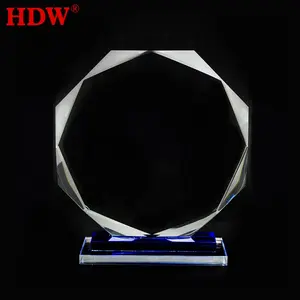 Factory wholesale high quality custom logo laser engraving octagonal shape crystal trophy awards with blue base