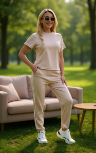 Completo Tuta Sportiva da Donna Casual Tinta Unita in Cotone Spandex Traspirante con Pantaloni con Coulisse e Top a Maniche Corte Vestibilità Regolare Lunghezza Intera - Product Image 2