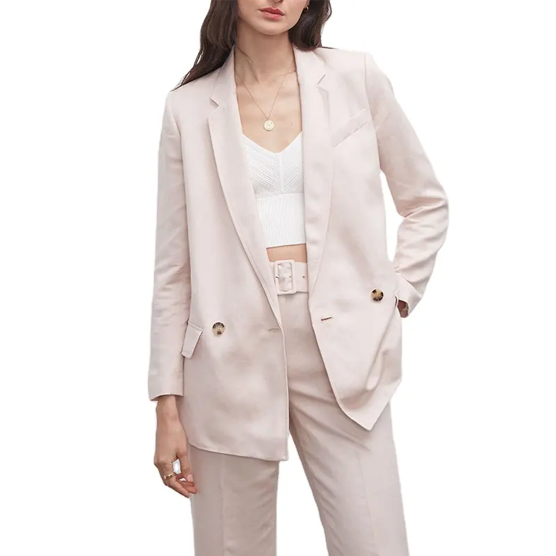 Fashion Women Notch Lapel Double Breasted Business Blazer Linen-blend Casual Blazer For All Seasons