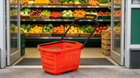 Panier de courses pour supermarché, en plastique, durable, grande capacité, coloré, 2 poignées, mobile avec roulettes