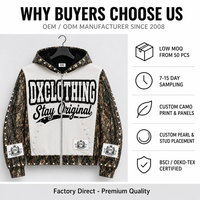Sweat-shirt à capuche court zippé en molleton épais 380 g/m² avec motif camouflage écorce d'arbre personnalisé, appliqué en chenille et inscription, style streetwear OEM ODM