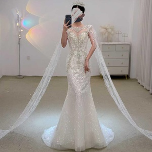 LSJJ113 Robe de mariée grande taille avec appliques en cristal, volants, sequins, cape, dos en dentelle, coupe trapèze, longueur ras du sol - Product Image 4