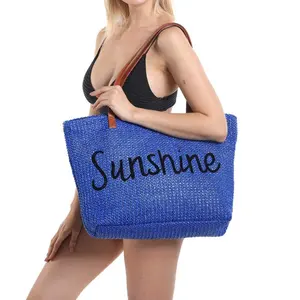 新款上市流行时尚户外大容量蓝色阳光字母印花草编沙滩手提袋
